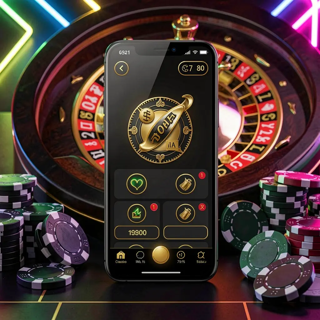 Mobile casino application scene featuring a phone in the center with a glowing neon roulette wheel and poker chips in the background, showcasing TKBD77's premium black and gold style