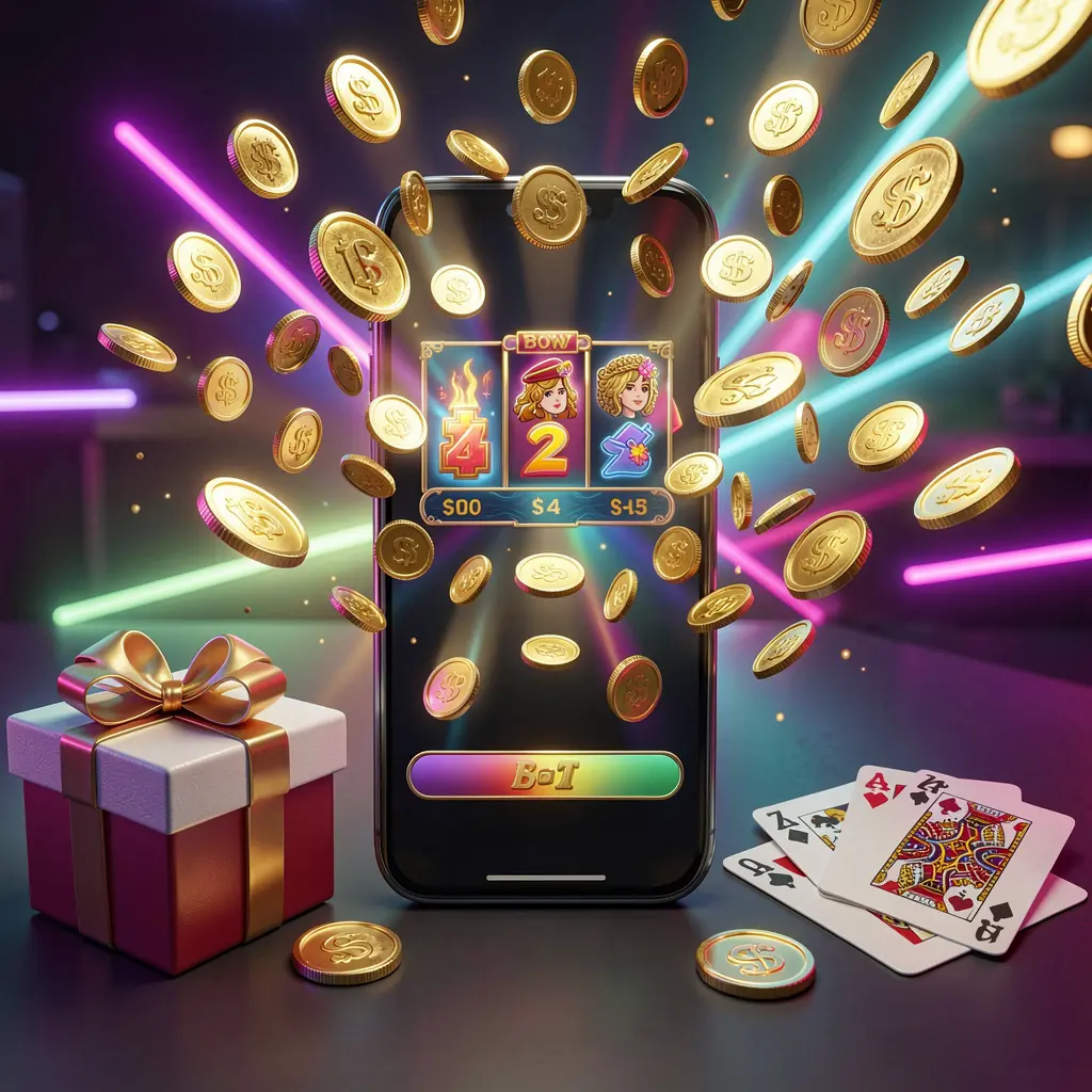 TKBD77 mobile casino bonus banner showing a smartphone with coins bursting from the screen, a gift box and playing cards nearby, all illuminated by a bright neon glow in a premium realistic 3D render