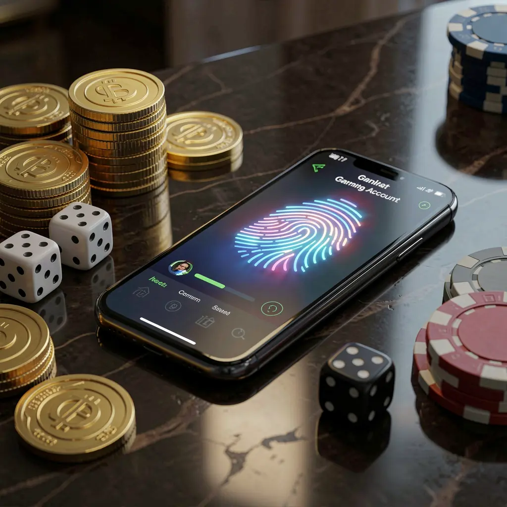 TKBD77 online gaming account access scene showing a smartphone with a glowing fingerprint icon surrounded by golden coins, dice, and poker chips on a glossy table with cinematic lighting