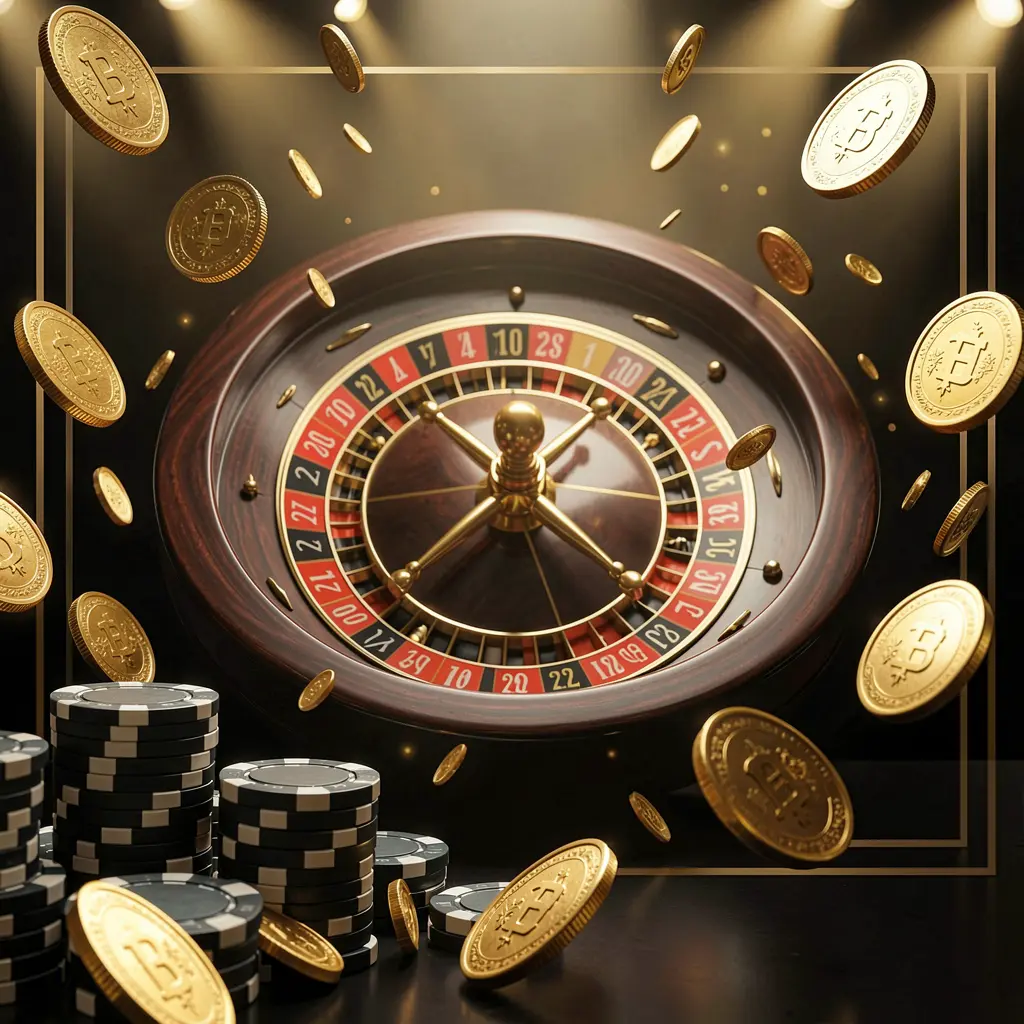 TKBD77 online casino main page background featuring dramatic casino lights, golden coins flying, stacked poker chips in the foreground, and a roulette wheel behind in a luxury black and gold atmosphere
